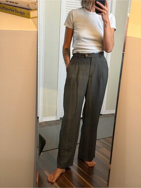 High-Rise Wide-Leg Vintage Trousers in Olive Gray Pinstripe